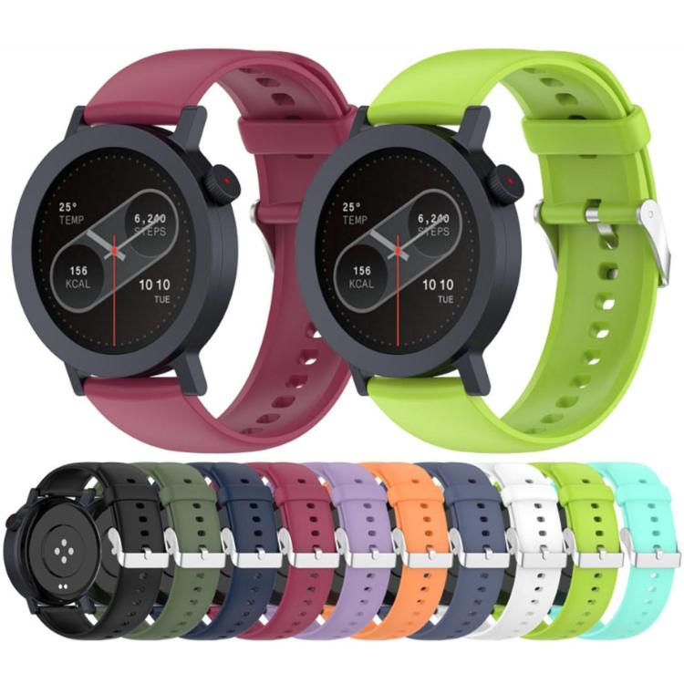 Silicone watch bands in assorted colors, shown on watches and arranged in a row.