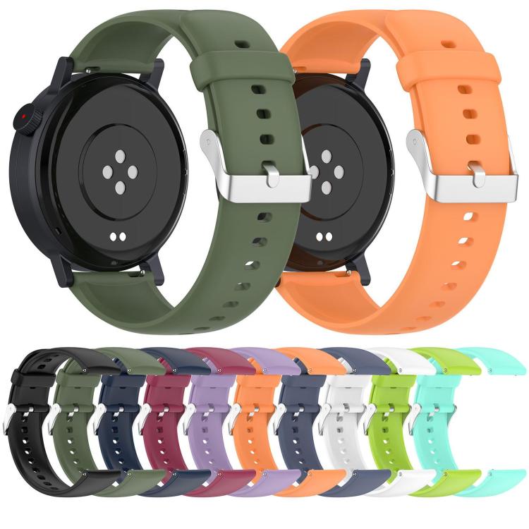 Silicone watch bands in assorted colors shown from the back, with metal buckles and adjustment holes.