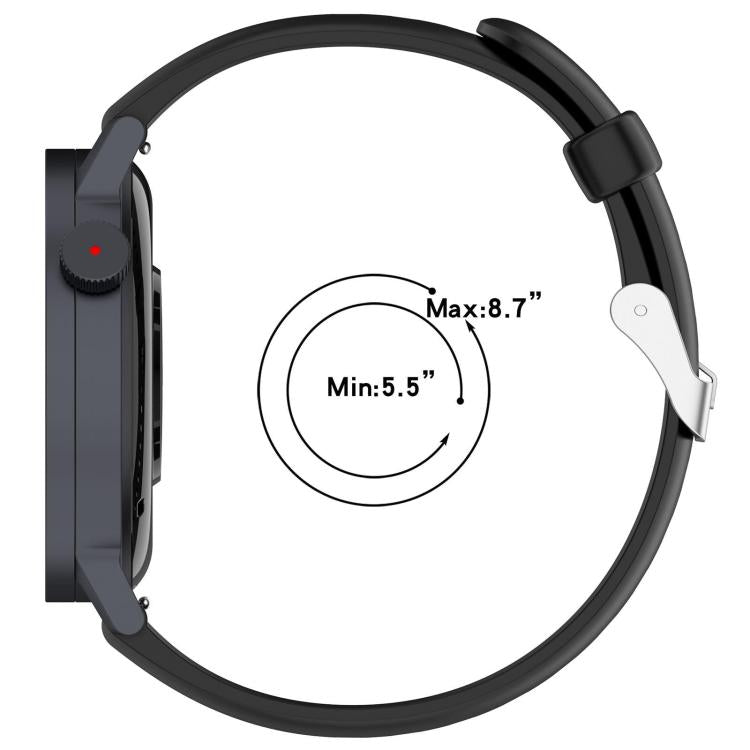 Black silicone watch band fitted to a watch, shown with a wrist-size range of 5.5 to 8.7 inches.