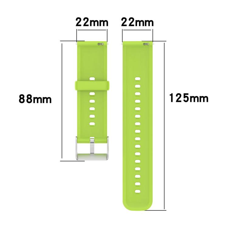 Lime silicone watch band in two parts, labeled 22 mm wide and 88 mm and 125 mm long.