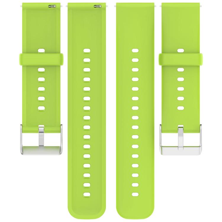 Lime silicone watch band shown as two strap pieces with adjustment holes and metal buckles.