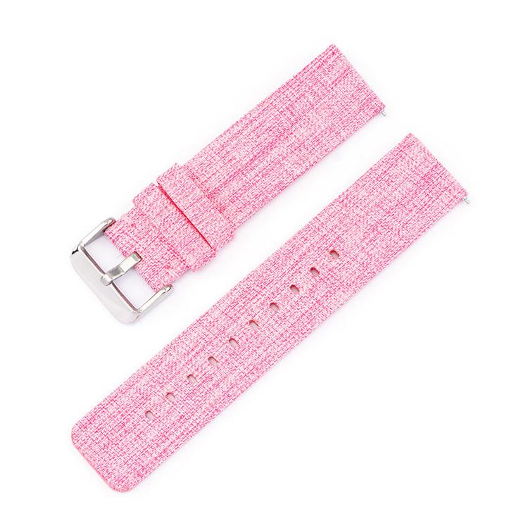 Pink woven nylon watch band with silver pin buckle and adjustment holes