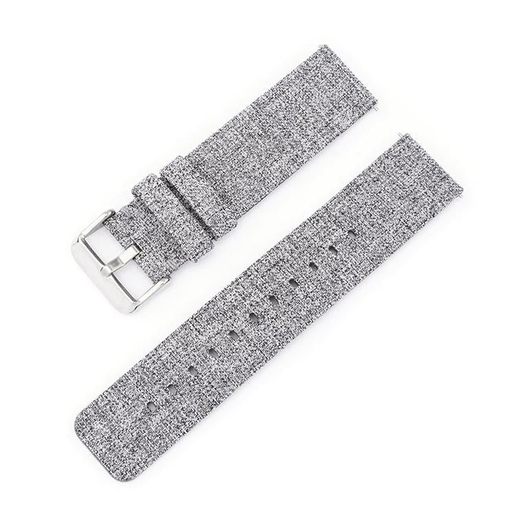 Silver-gray woven nylon watch band with silver pin buckle and adjustment holes