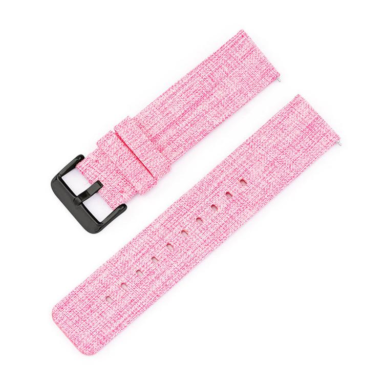 Light pink woven nylon watch band with black pin buckle and adjustment holes