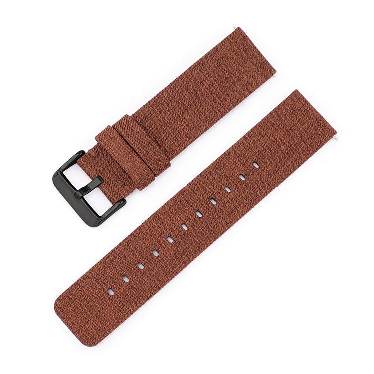 Brown woven nylon watch band with black pin buckle and adjustment holes