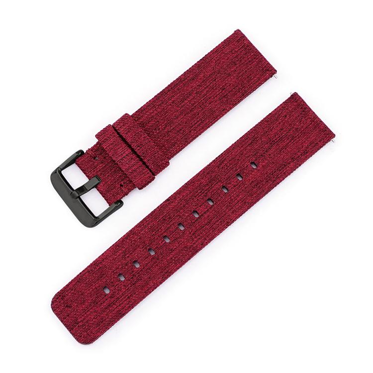 Red woven nylon watch band with black pin buckle and adjustment holes
