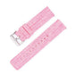 Pink woven nylon watch band with silver pin buckle and adjustment holes