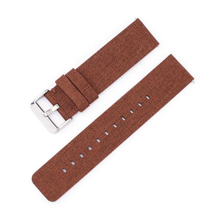 Brown woven nylon watch band with silver pin buckle and adjustment holes