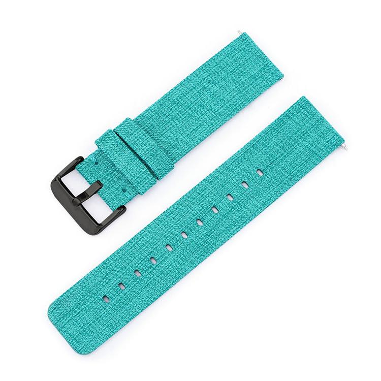 Turquoise woven nylon watch band with black pin buckle and adjustment holes
