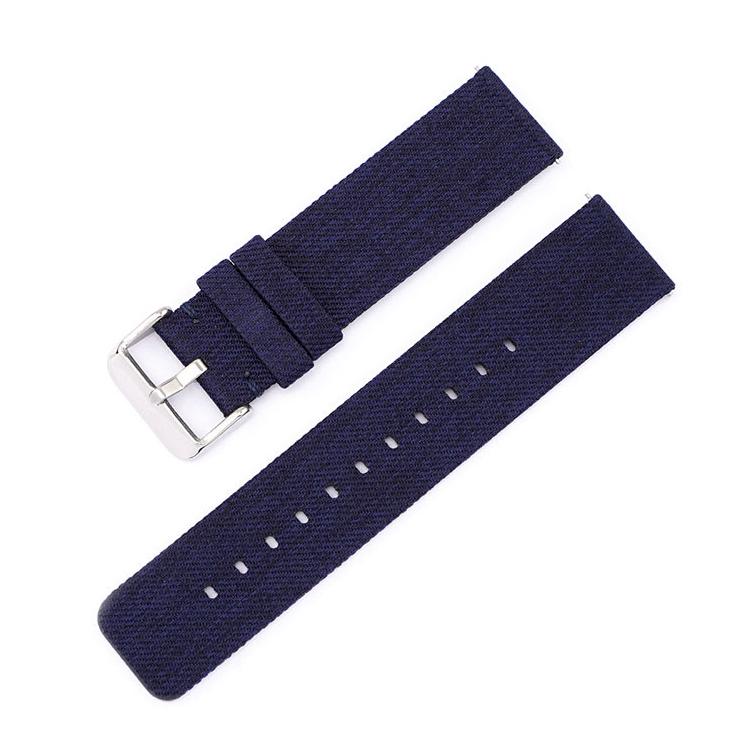 Dark navy woven nylon watch band with silver pin buckle and adjustment holes