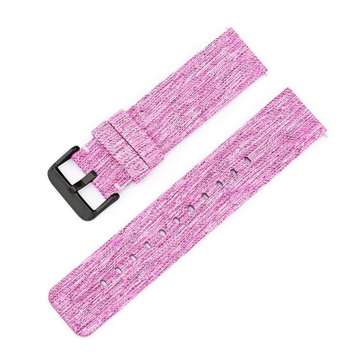 Pink and purple striped woven nylon watch band with black pin buckle