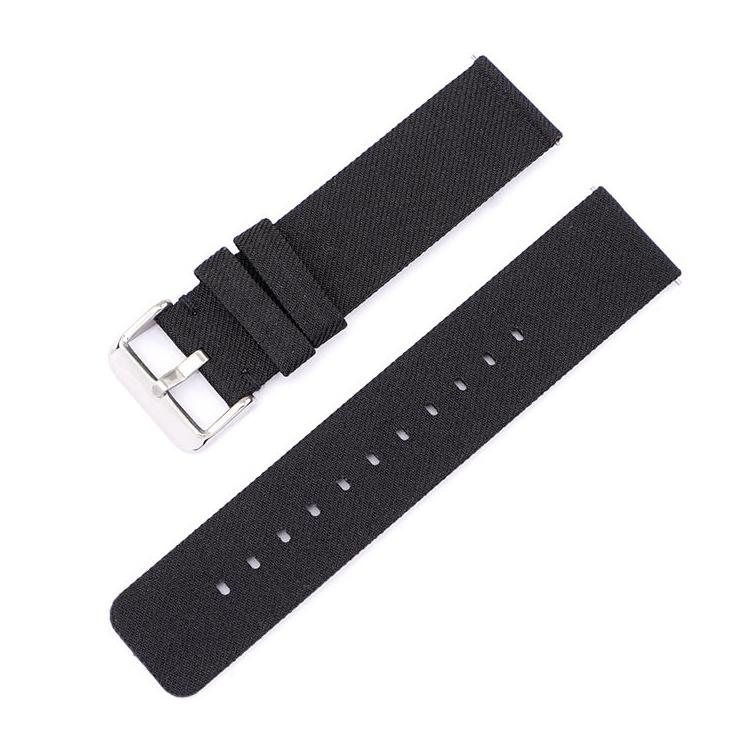 Black woven nylon watch band with silver pin buckle and adjustment holes