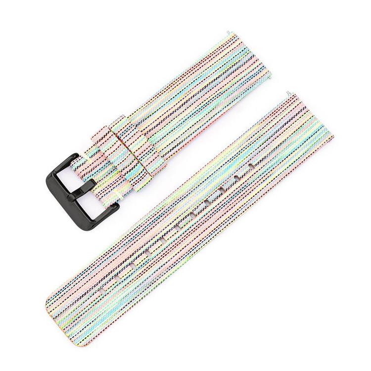 Multicolor striped woven nylon watch band with black pin buckle and adjustment holes