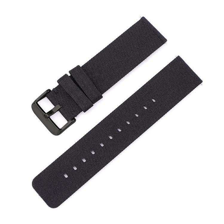 Black woven nylon watch band with black pin buckle and adjustment holes