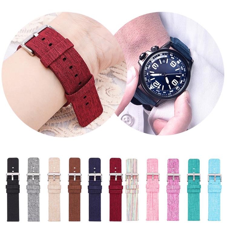 Red woven nylon watch band shown worn and beside other band color options