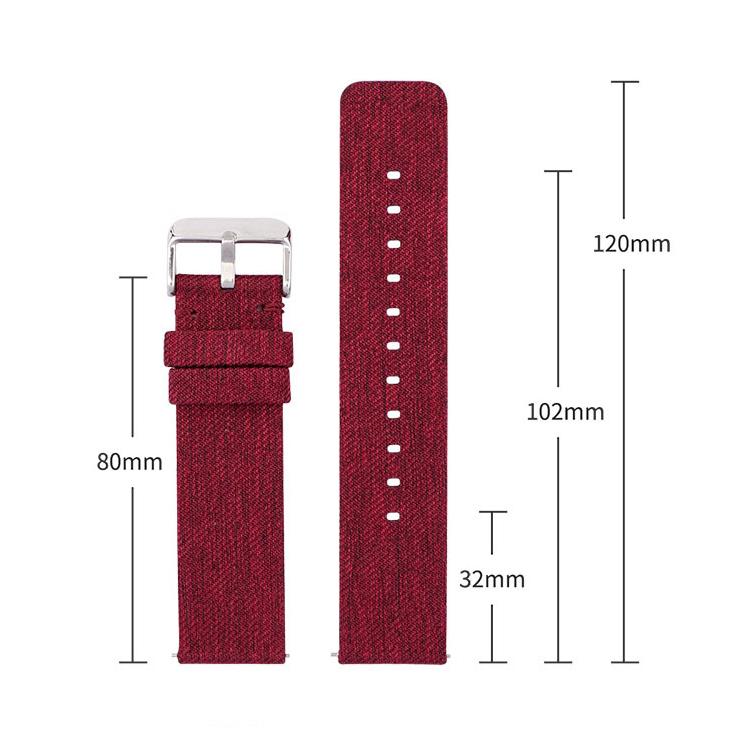 Red woven nylon watch band with pin buckle and dimensions marked