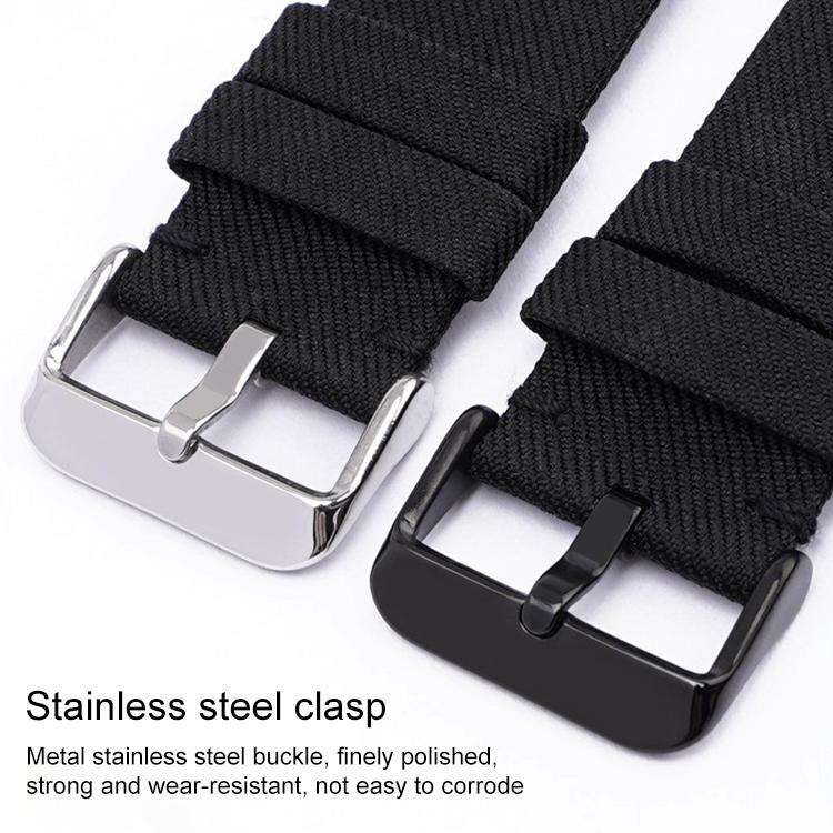 Nylon woven watch band with silver and black stainless steel pin buckles