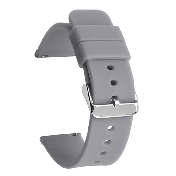 Gray silicone watch band with silver pin buckle and adjustment holes