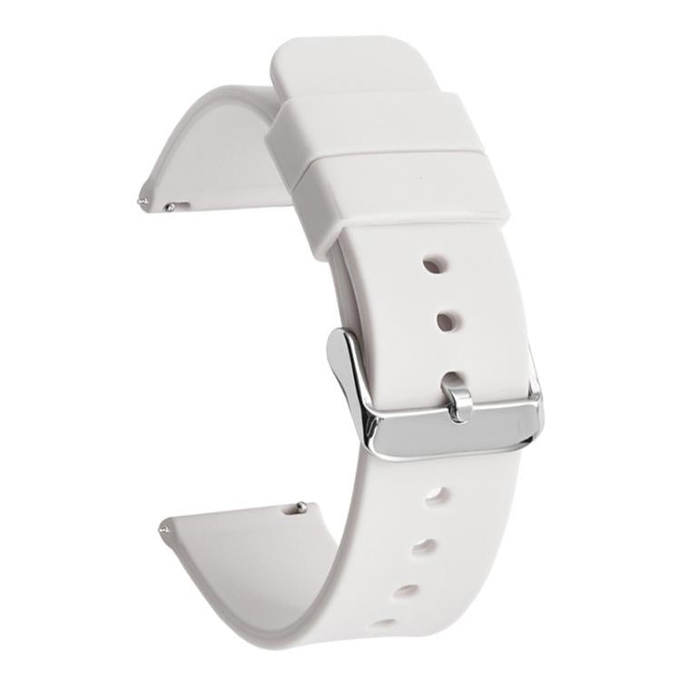 White silicone watch band with silver pin buckle and adjustment holes
