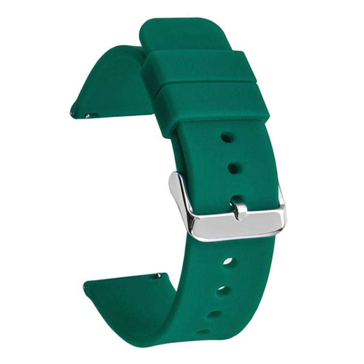 Dark green silicone watch band with a silver pin buckle and adjustment holes