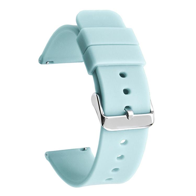 Pale blue silicone watch band with a silver pin buckle and adjustment holes
