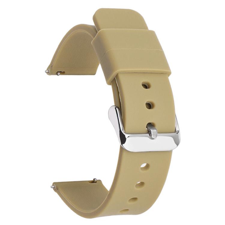 Beige silicone watch band with a silver pin buckle and adjustment holes