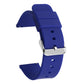 Dark blue silicone watch band with a silver pin buckle and adjustment holes