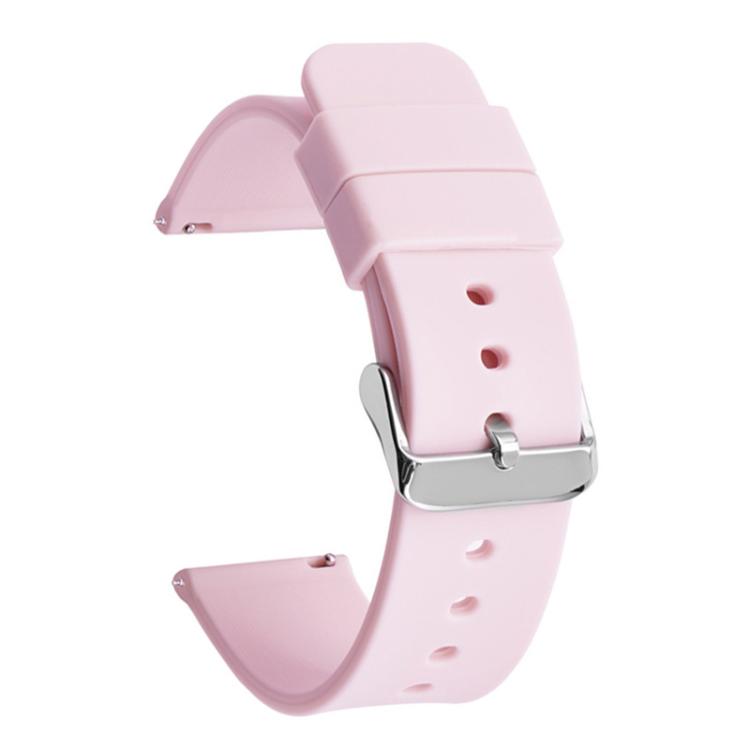 Pale pink silicone watch band with silver pin buckle and adjustment holes