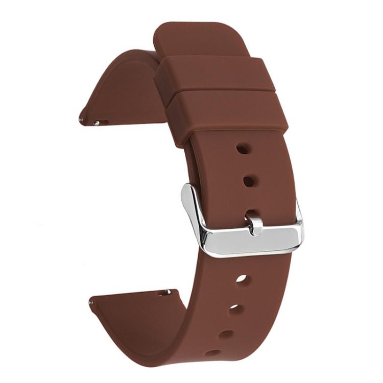 Brown silicone watch band with silver pin buckle and adjustment holes