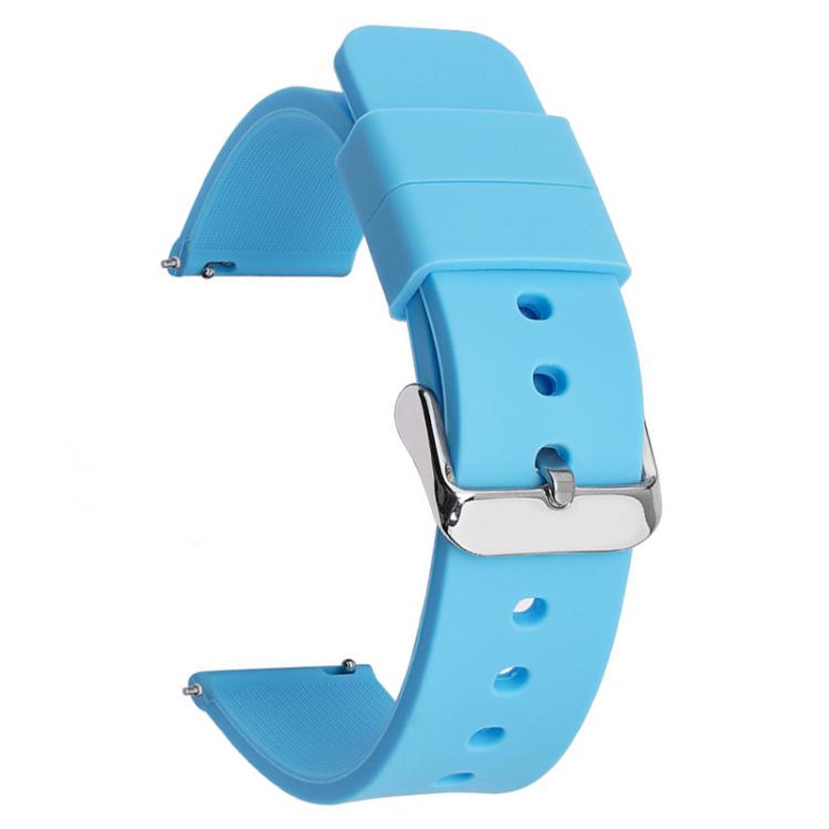 Light blue silicone watch band with silver pin buckle and adjustment holes