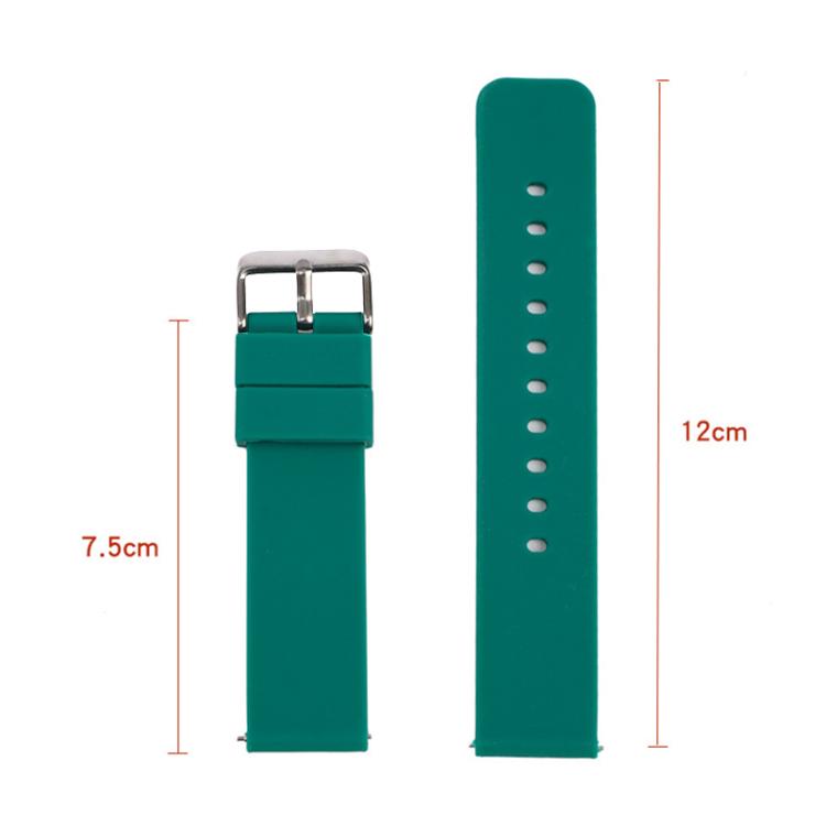 Teal silicone watch band in two pieces, with a silver buckle and length measurements
