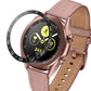 Smartwatch bezel ring with rose-brown leather strap, rose-gold case, black ring with white letters