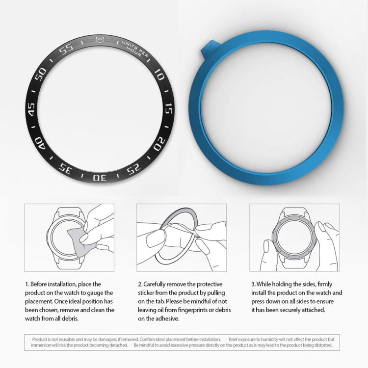 Smartwatch bezel ring set: black ring and blue ring, plus installation guide steps