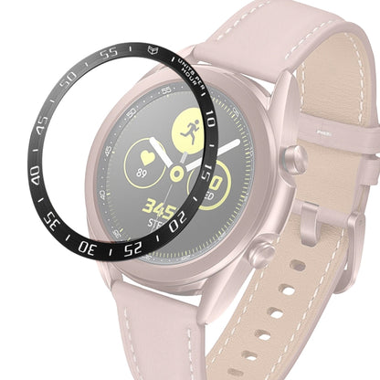 Smartwatch bezel ring with pink leather strap, silver case, black ring with white letters