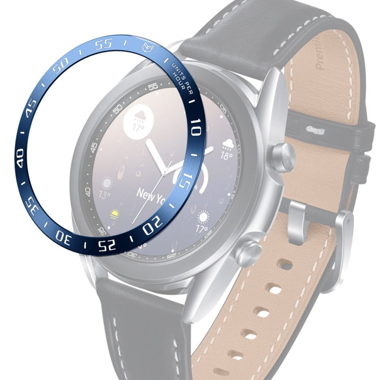 Smartwatch bezel ring with gray leather strap, silver case, blue ring with white letters