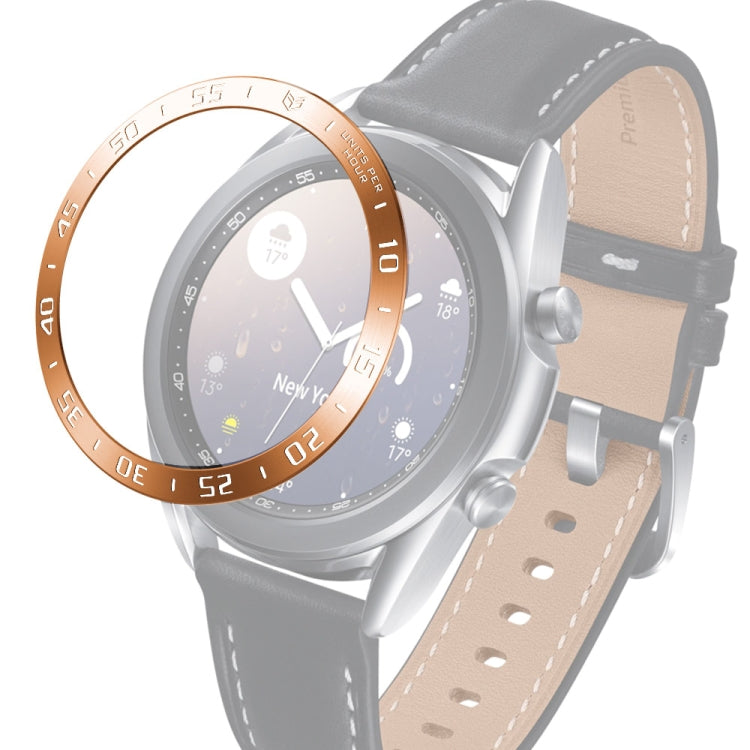 Smartwatch bezel ring with gray leather strap, silver case, rose-gold ring with white letters