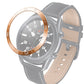 Smartwatch steel bezel ring with rose-gold outer ring and white letters, gray strap