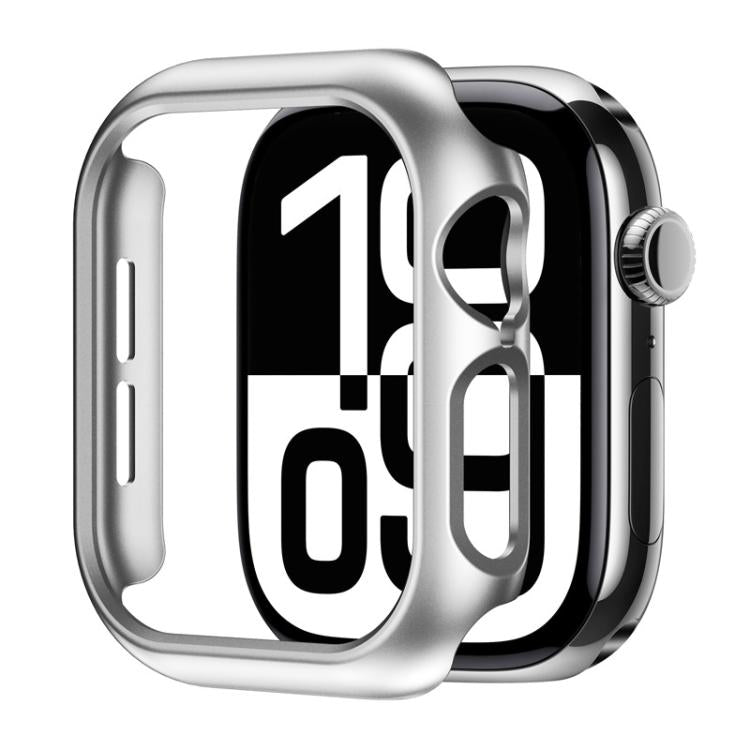 Silver frosted half-coverage Apple Watch case with open face and side button cutouts