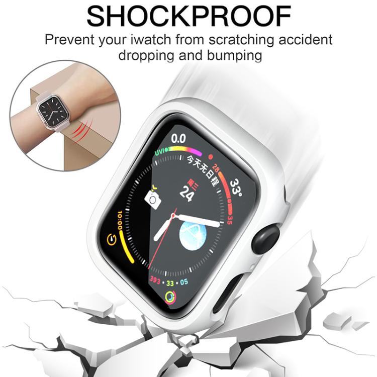 White frosted Apple Watch cover fitted on a watch, with raised edge protection