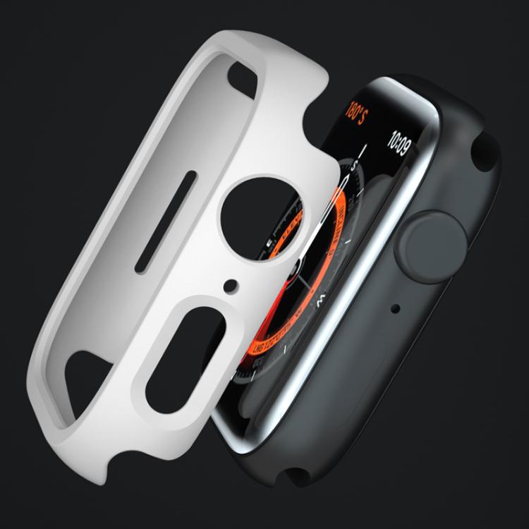 White frosted Apple Watch cover shown apart from a dark watch