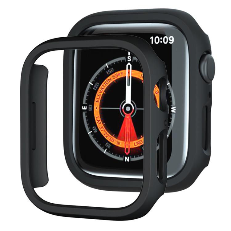 Black half-coverage watch case fitted around a smartwatch, with an open face