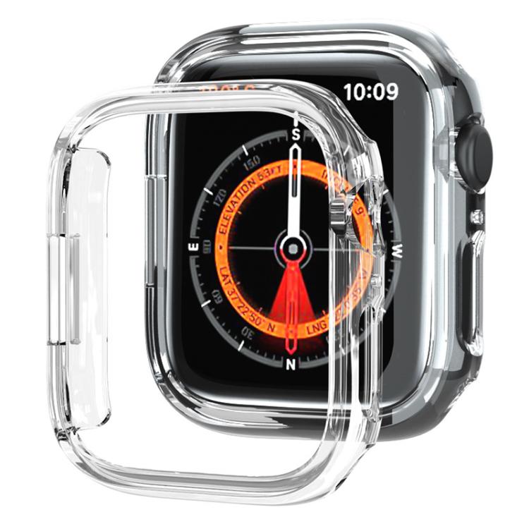Clear frosted half-coverage watch case shown beside a compatible smartwatch