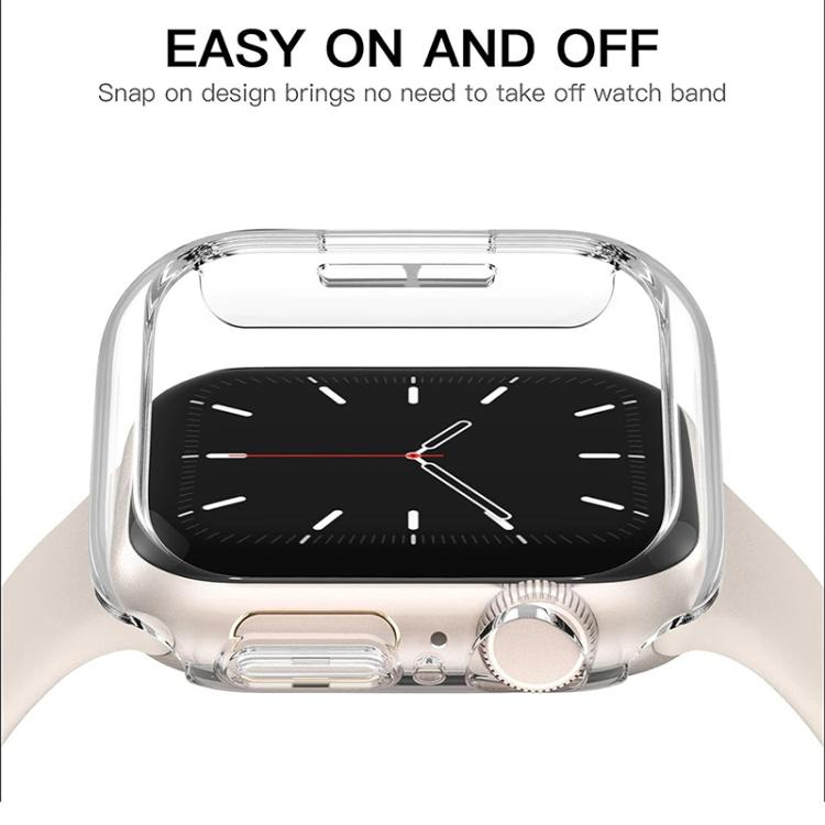 Clear half-coverage watch case fitted around a smartwatch, showing the open face and side controls