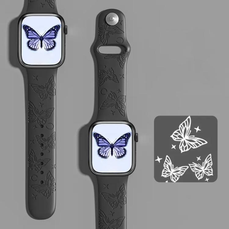 xDfind black silicone watch band with engraved butterflies, shown on an Apple Watch