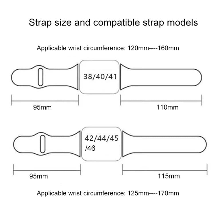 Silicone Apple Watch band size diagram with compatible watch models and wrist measurements.