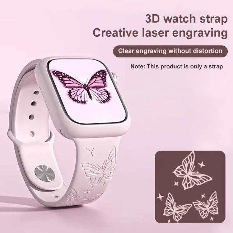 Pale pink silicone Apple Watch band with laser-engraved butterflies and adjustable holes.