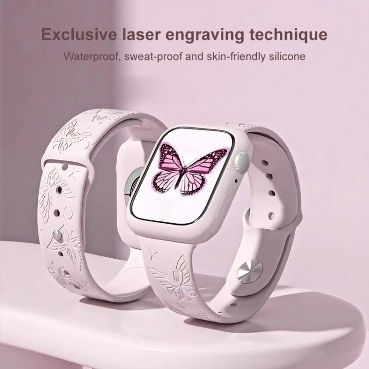 Pale pink butterfly-engraved silicone Apple Watch band, shown wrapped around a watch.