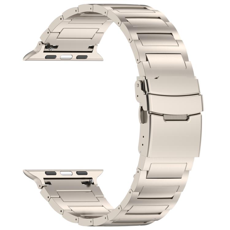 Titanium-tone metal link Apple Watch band with folding quick-release clasp, front view