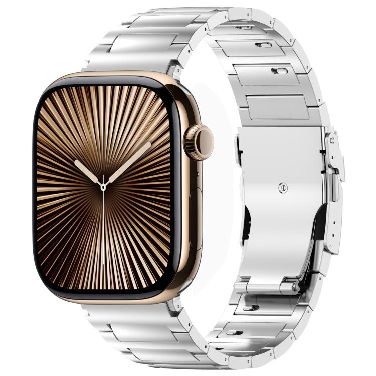 Silver metal link Apple Watch band with quick-release clasp, shown on a smartwatch
