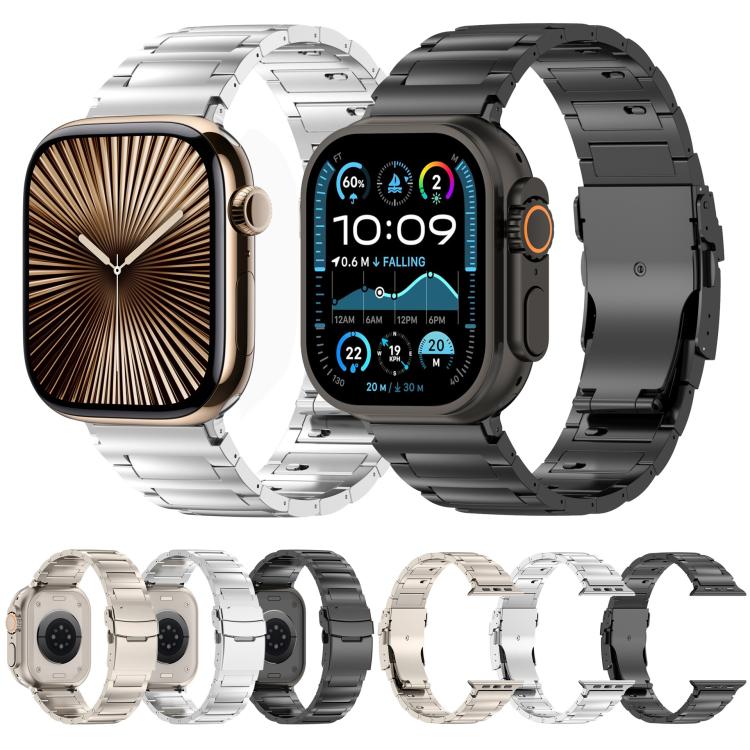 Metal link Apple Watch bands in silver and black, shown on watches and in multiple views